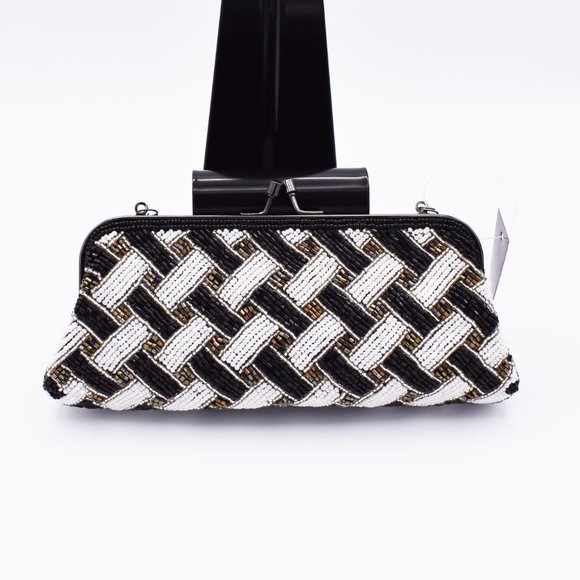 BLACK, WHITE & TRI-GOLD BEADED EVENING BAG - Picture 7 of 7